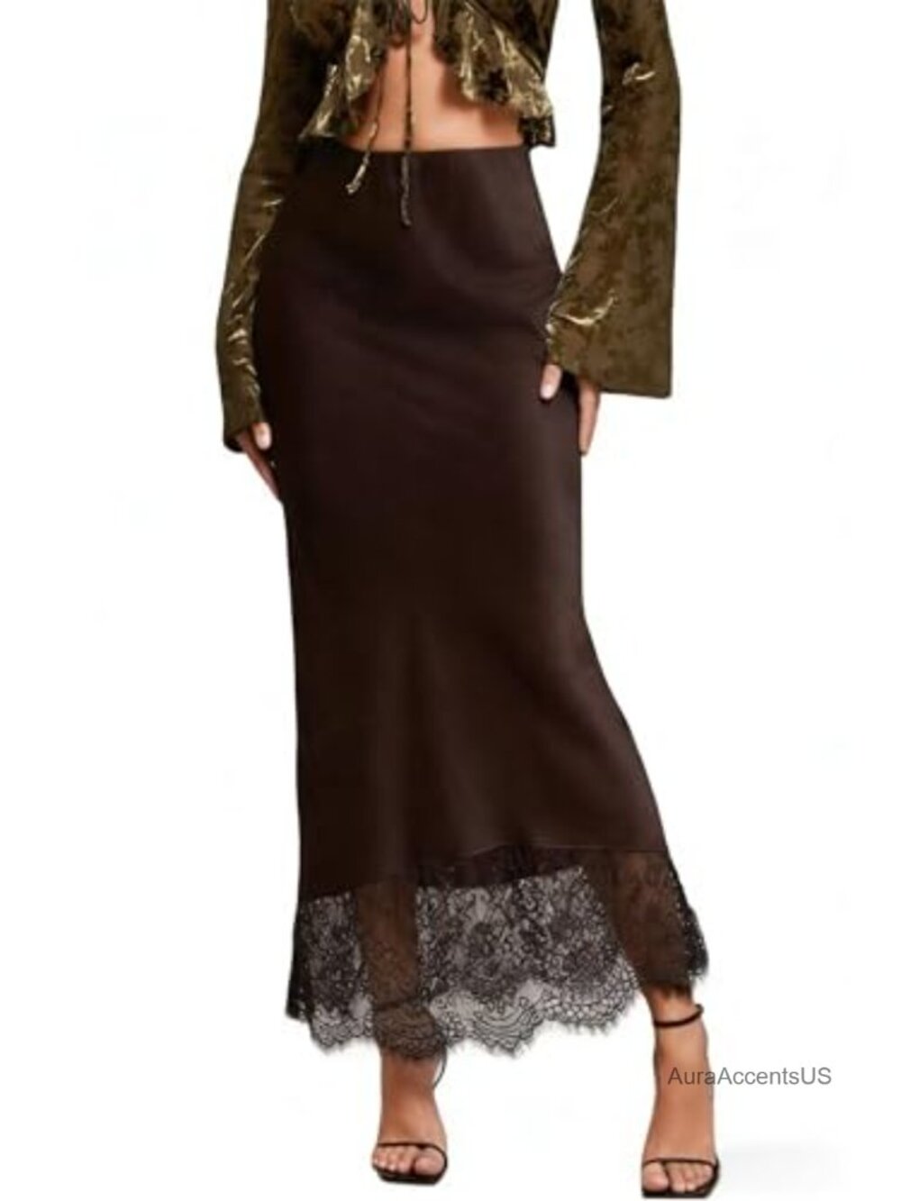 Satin Maxi Skirt High Rise Lace Trim Mermaid Vintage Retro